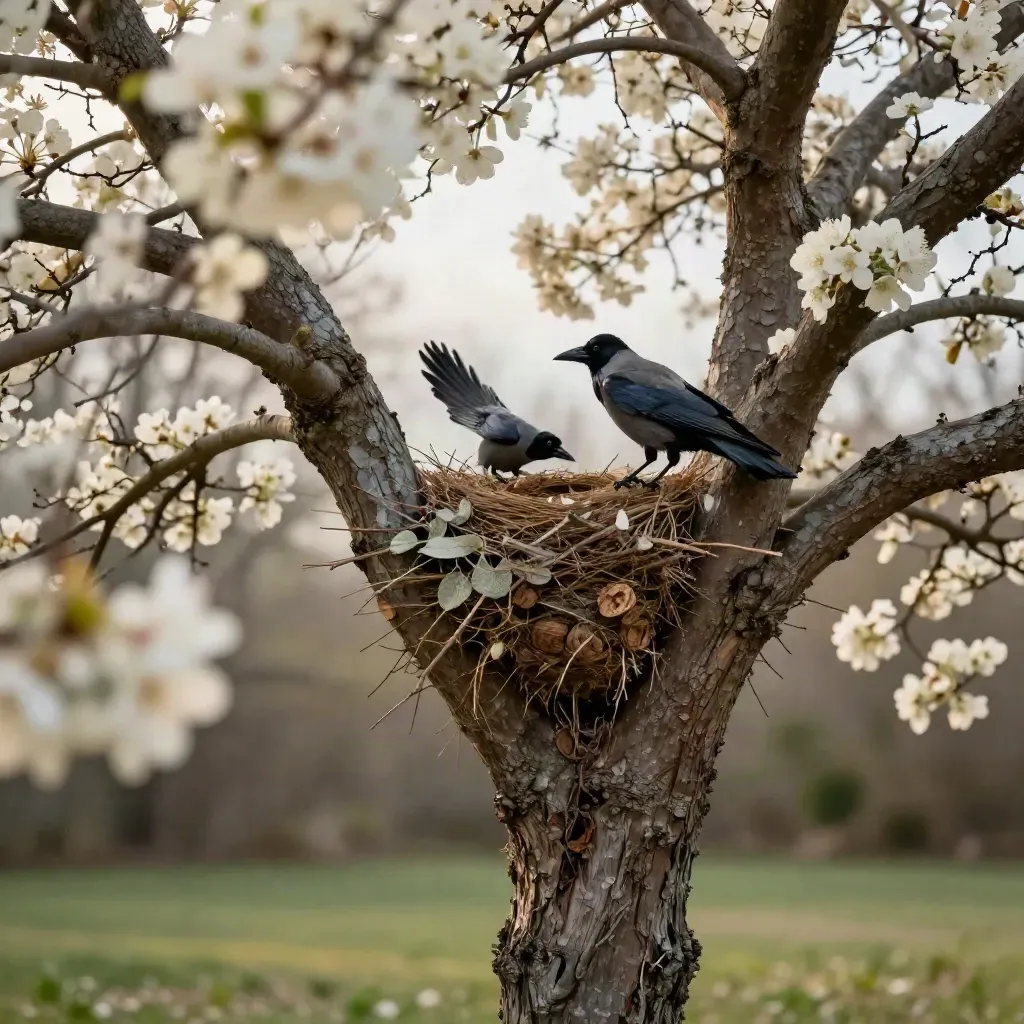 Low-angle view of crows at a twig nest in a flowering oak, blossoms and branches framing the sky.