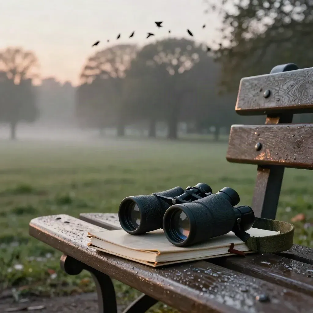 Binoculars and a closed notebook on a park bench overlook misty roost trees at dawn