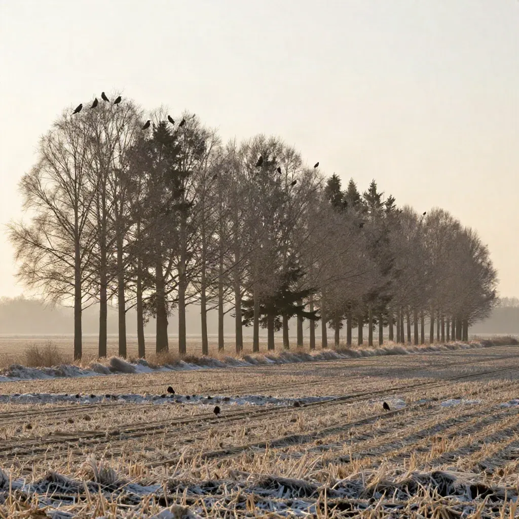 Wide winter shelterbelt with crows on treetops above harvested fields