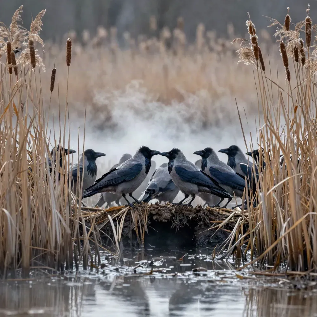 Crows calling from cattails over open marsh water with winter mist and reeds