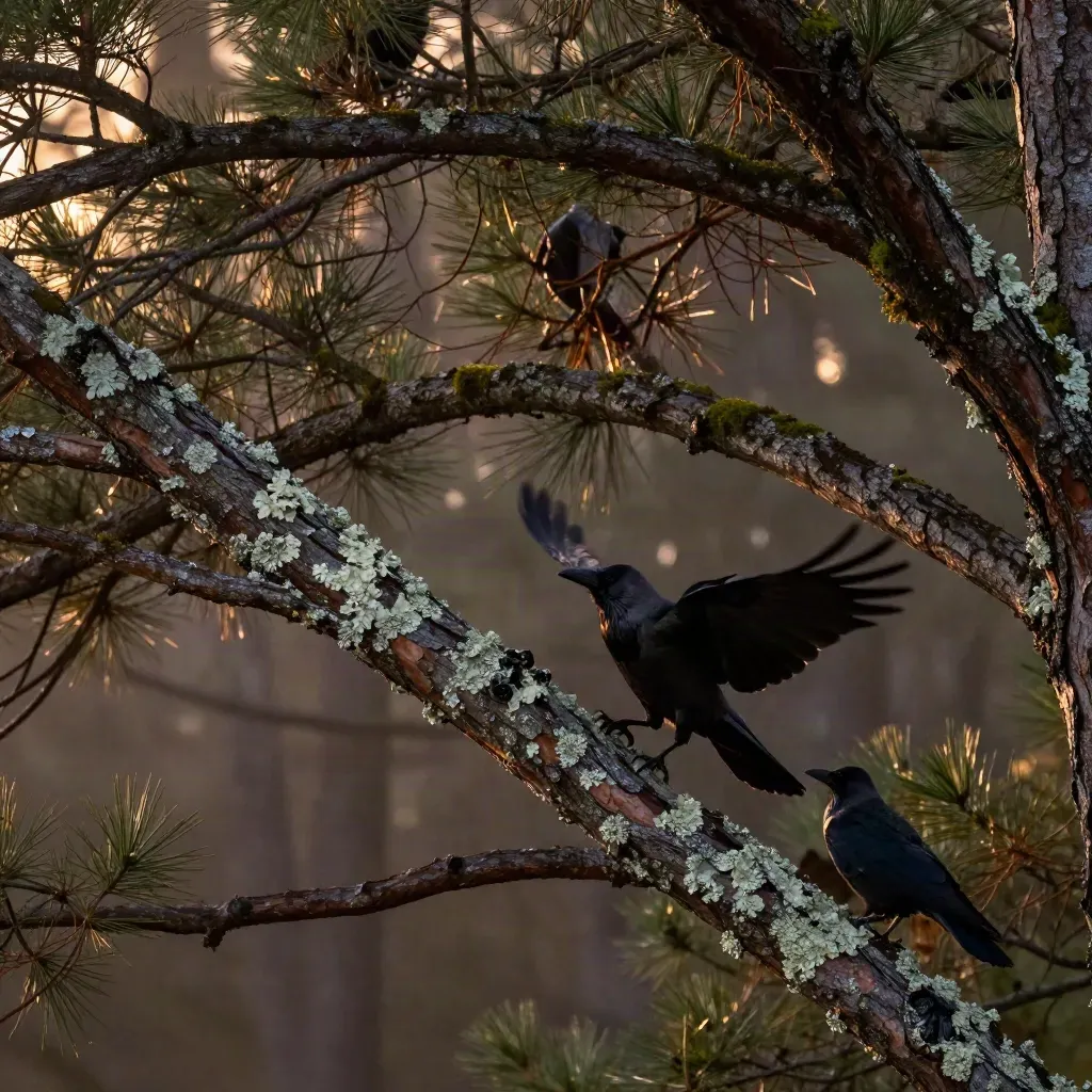 Crows vanish into dense woodland branches at dusk with mossy bark and pine needles.