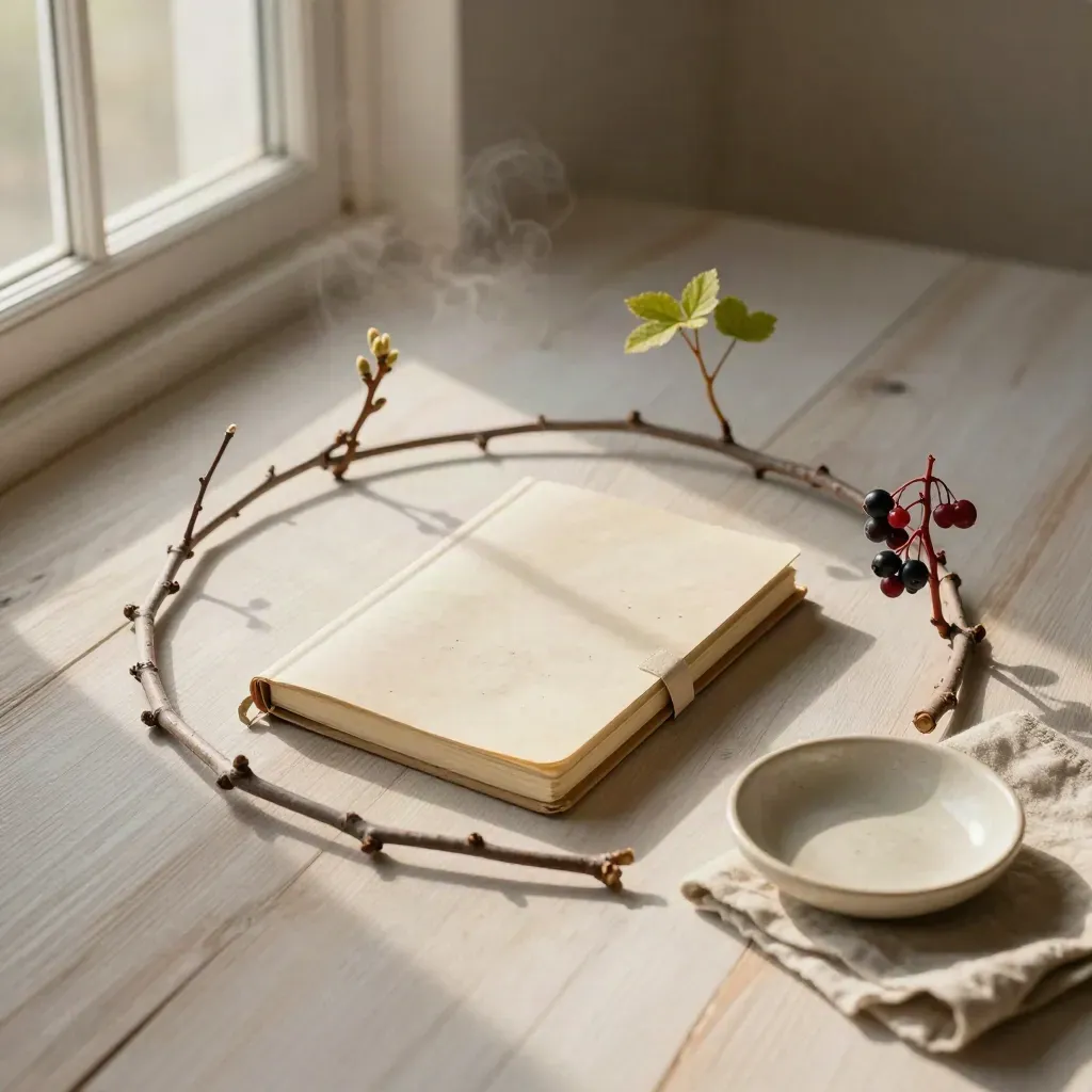 Twig ring around a closed notebook with linen and stoneware on pale wood, lit softly from the side.