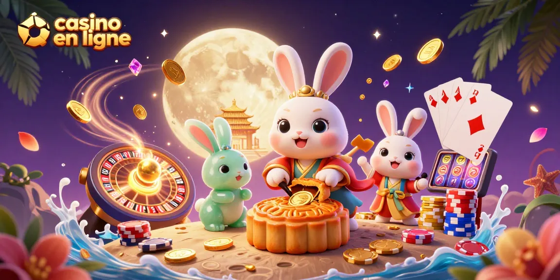 Découvrez le casino en ligne avec un lapin lunaire préparant des gâteaux, entouré de jetons et de machines à sous.