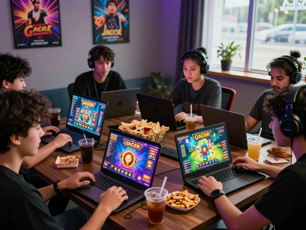 Players engaging with slot gacor games in an inviting gaming environment, showcasing excitement and vibrant graphics.