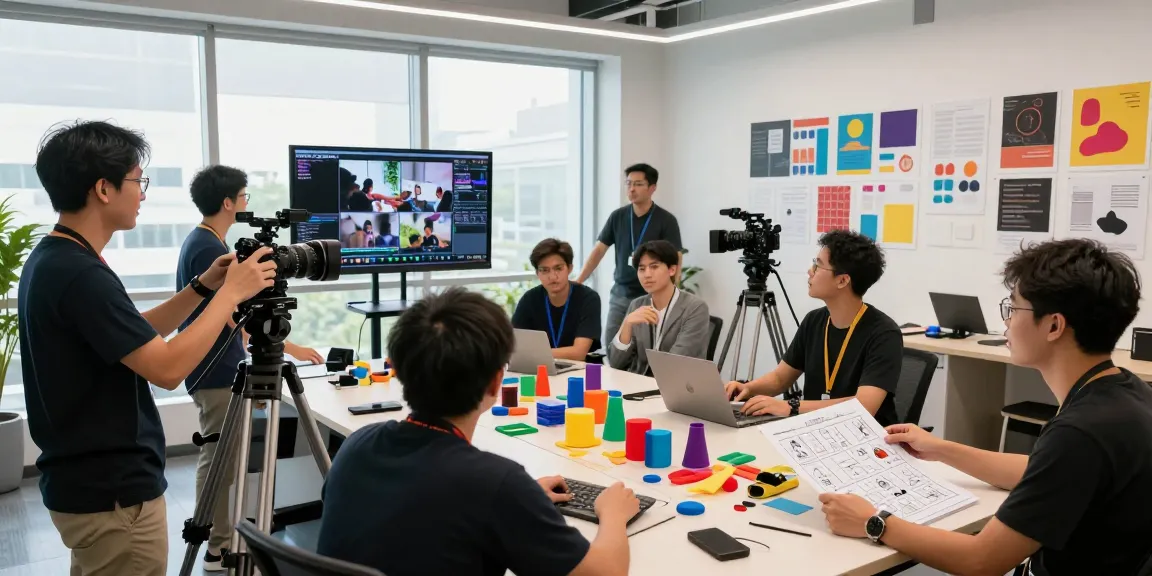 Engaging Singapore Corporate Video Production team collaborating in a modern studio with high-end equipment.