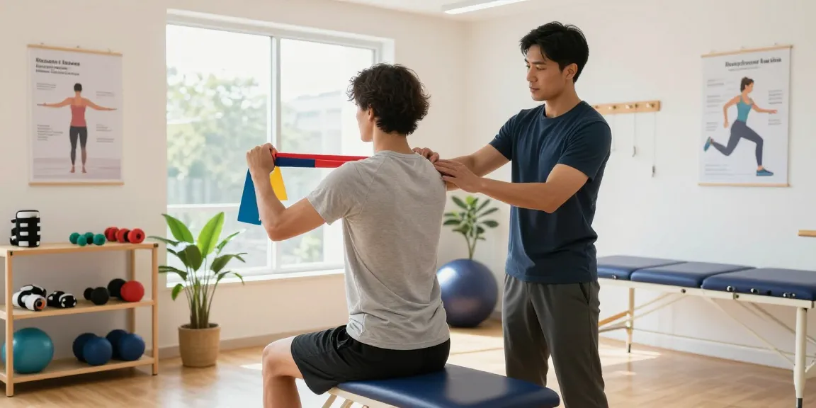 Individual using orthopedic accessories for rehabilitation guided by a physiotherapist in a bright clinic.