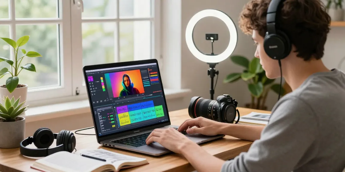 Engaging scene of a beginner in a video processing course online, focused on editing with colorful software on laptop.