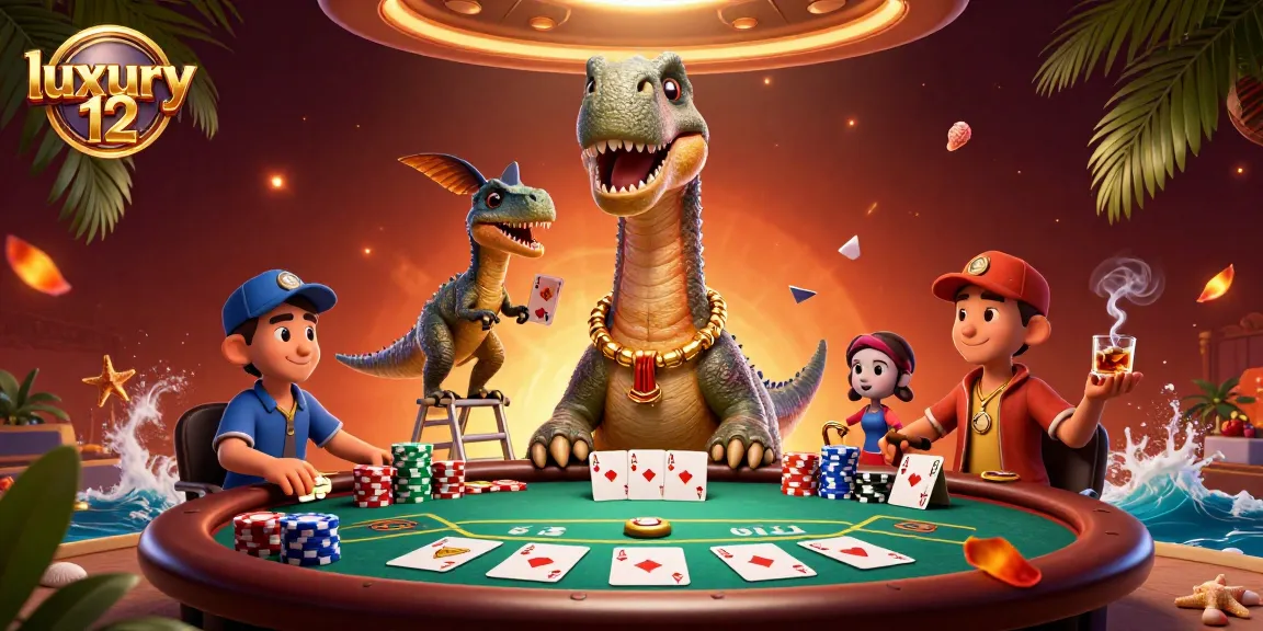 Experience the thrill of luxury 12 poker with a dynamic 3D scene of a cartoon dinosaur!