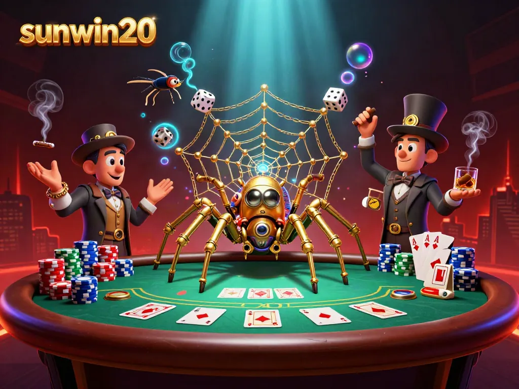 Engage with captivating sunwin20 visuals featuring a golden spider and poker elements in a casino setting.