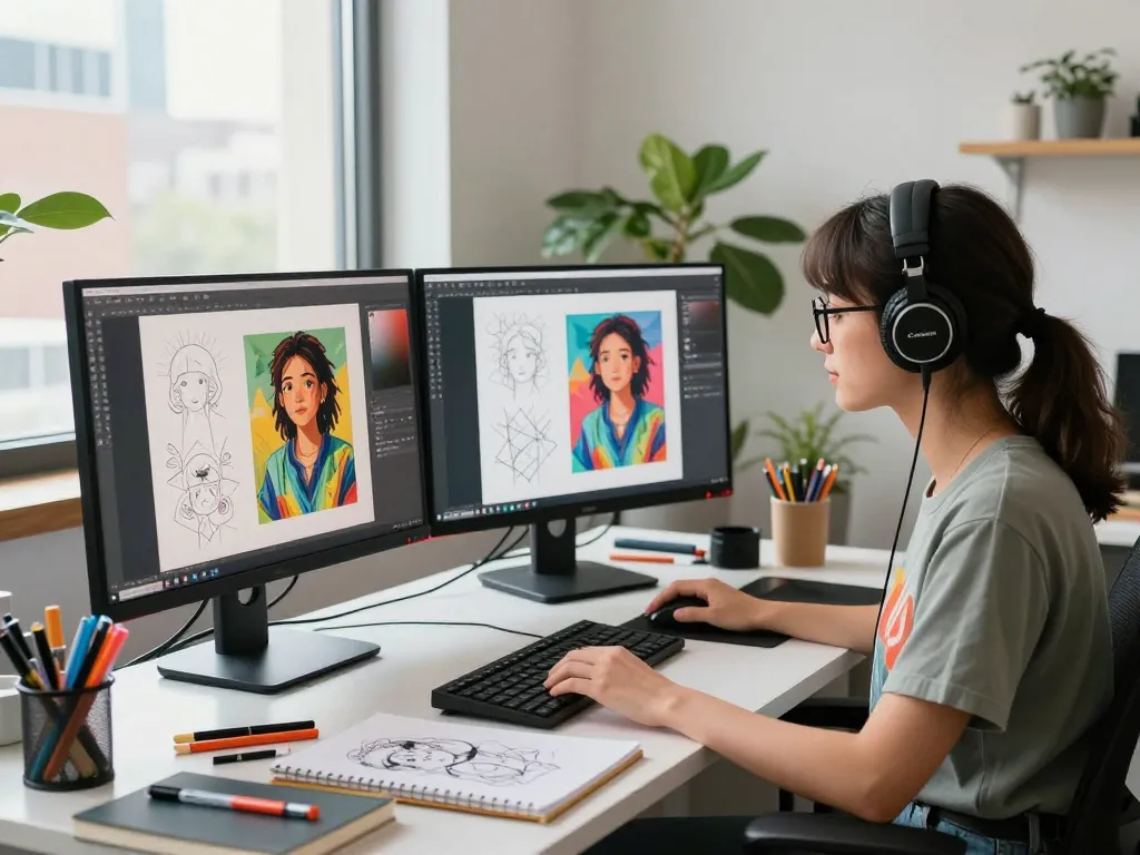 Creative professional using image to prompt ai generator in a vibrant digital art studio.