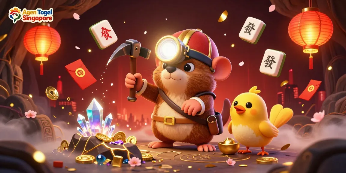Agen Togel Singapore showcases a whimsical scene with a cartoon treasure hunter mole mining gems and celebrating the excitement of winning.