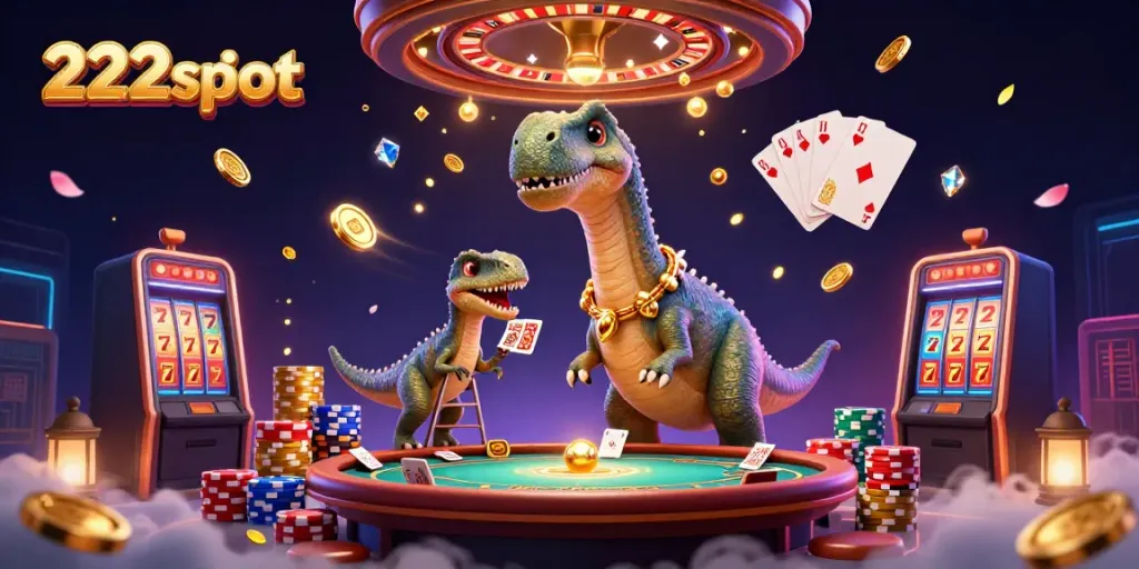 Permainan slot menarik di 222slot dengan dinosaur 3D dan raptor yang menangani kartu.