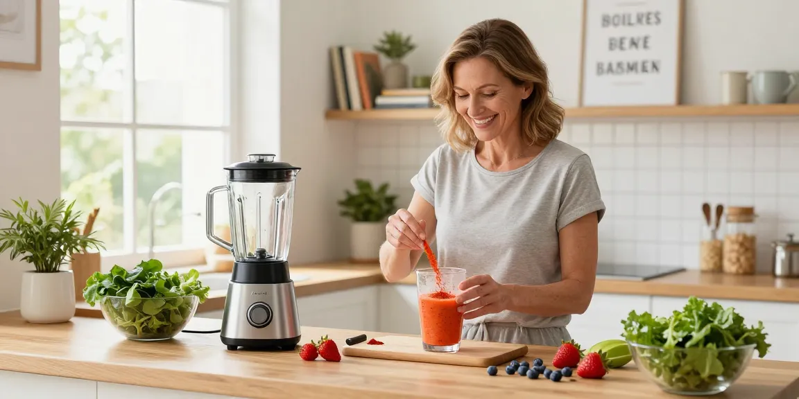 Healthy smoothie preparation with astaxanthin in a bright kitchen.