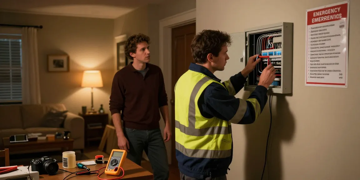 This page showcases emergency electrical services addressing power outages with technicians diagnosing issues in a home setting.