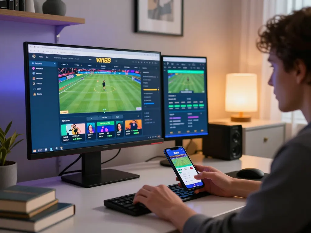 Person placing live bets on the vin88 sportsbook app, showcasing an engaging online gambling environment