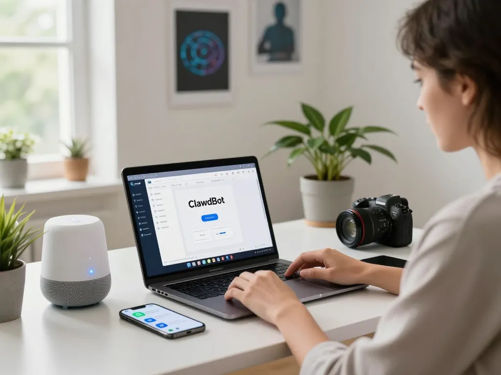 Engaged user interacting with Clawdbot AI assistant on laptop in a modern home office.