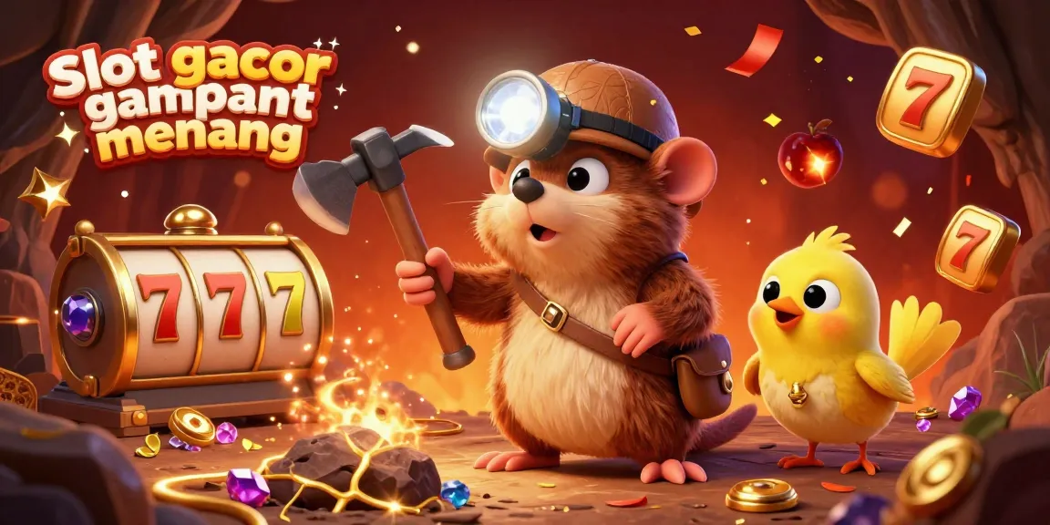 Experience the thrilling world of slot gacor gampang menang with a 3D treasure hunter mole discovering treasures amidst slot reels and confetti.