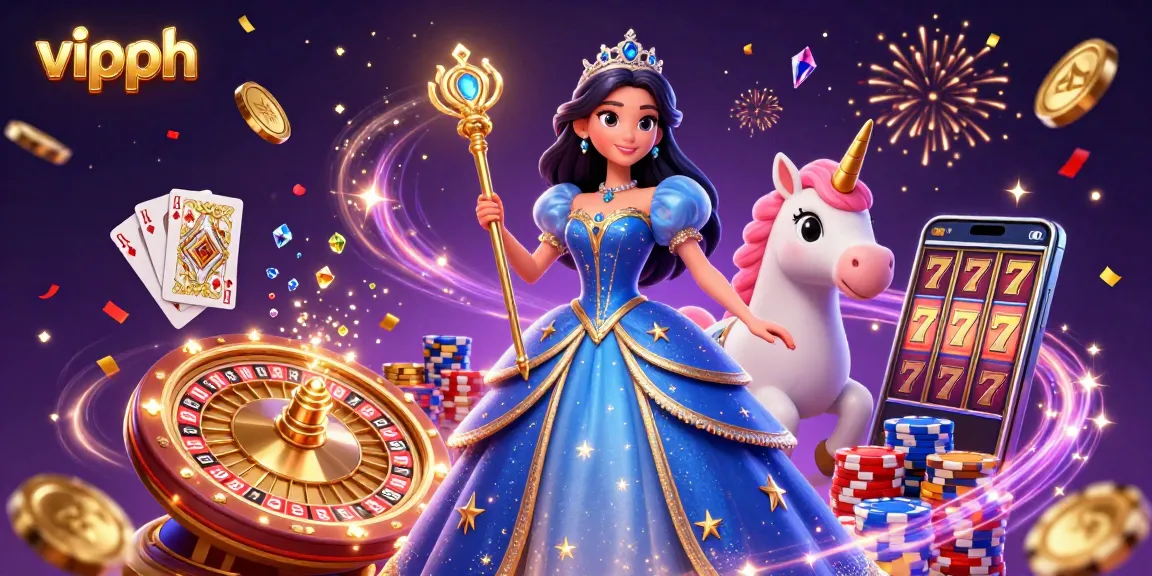 Experience excitement at vipph casino with dazzling 3D scenes filled with vibrant casino elements and a royal character.