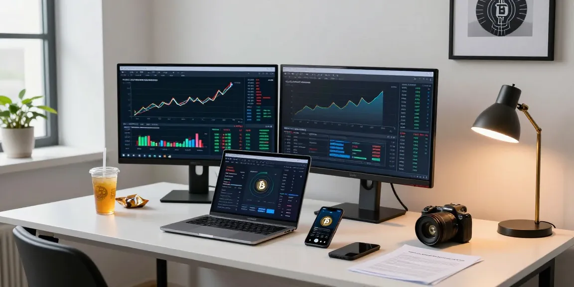 Bitcoin cloud mining workspace with monitors displaying cryptocurrency performance, showcasing tech and innovation in a modern office.