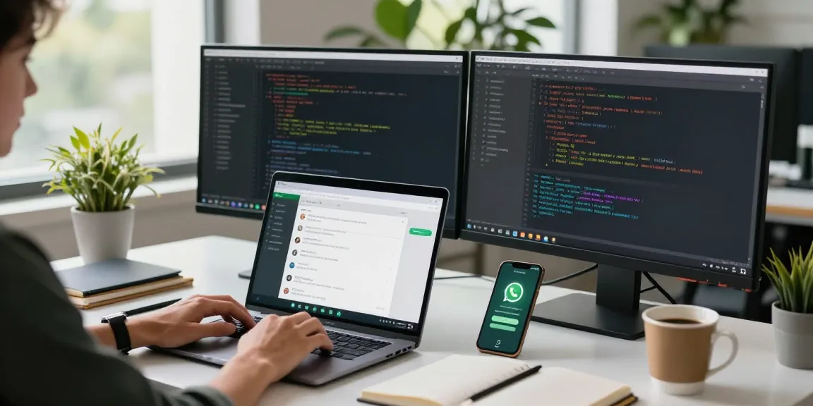 Using WhatsApp網頁版 on a laptop in a modern tech workspace with dual monitors.