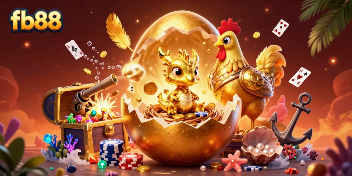 Experience fb88 excitement with a sparkling golden dragon and poker chips amidst vibrant casino elements.