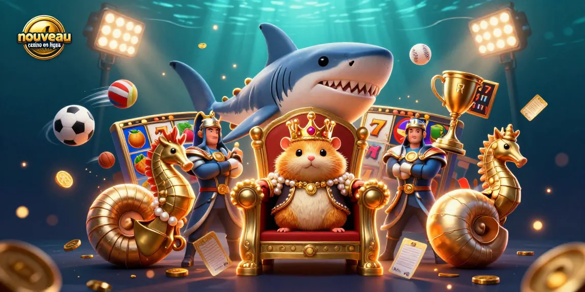 Une scène animée de "nouveau casino en ligne" avec un roi hamster doré et des éléments de machines à sous en arrière-plan.