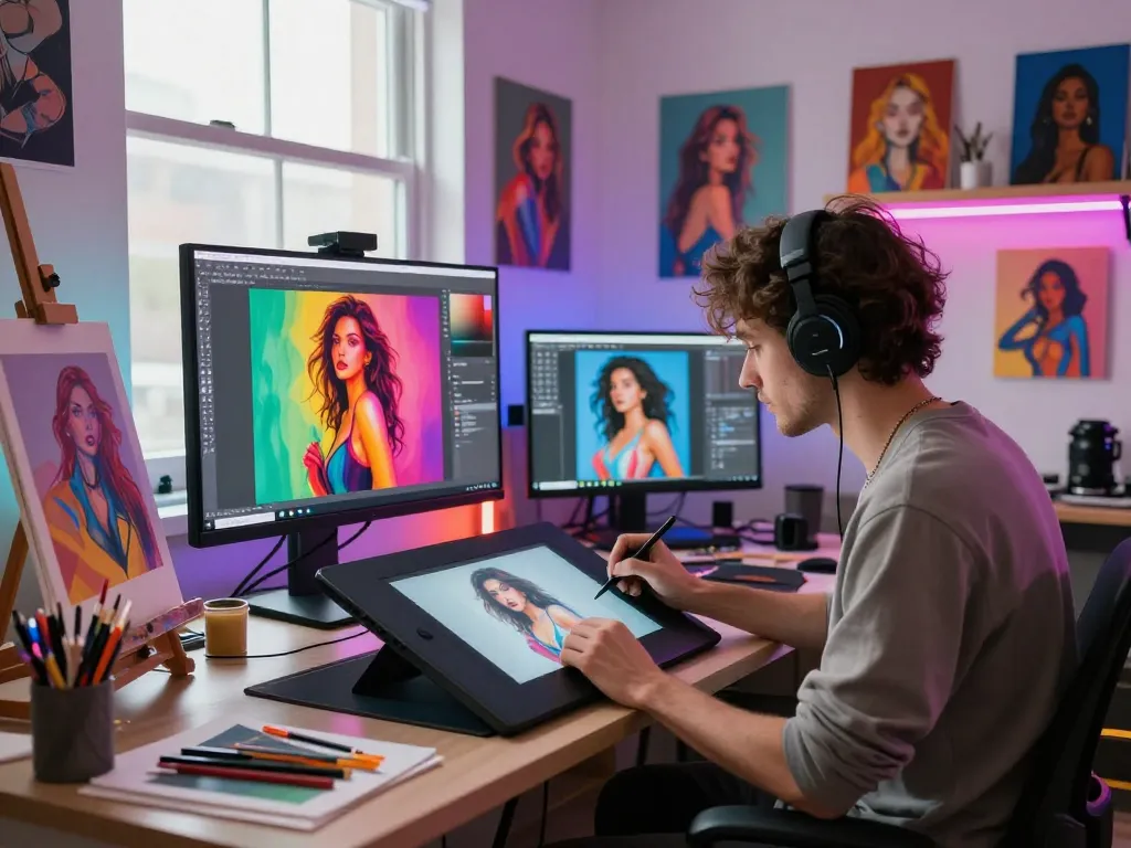 Digital artist creating provocative NSFW AI art in a vibrant studio.