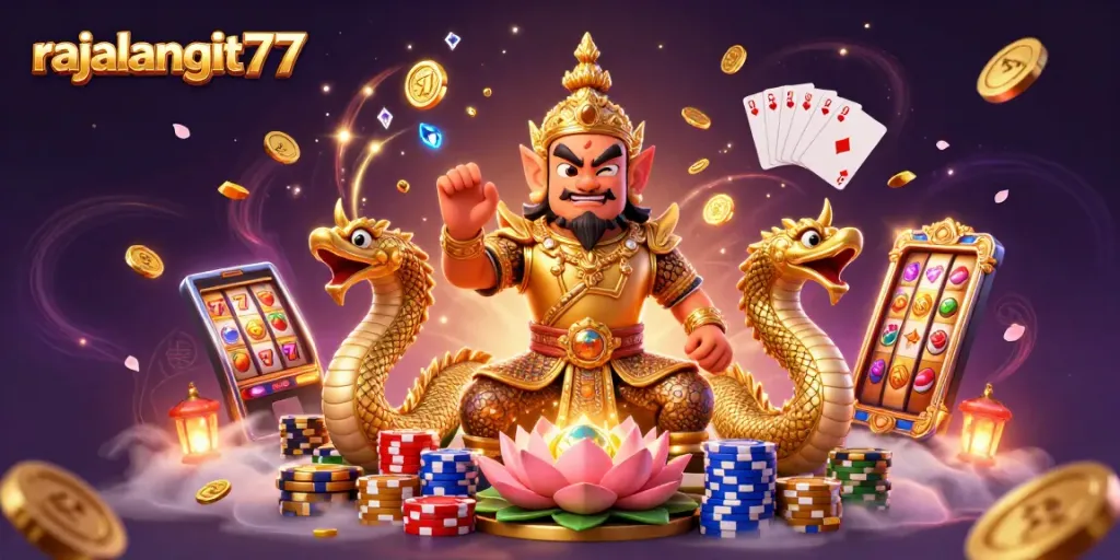 Mainkan slot yang menarik di rajalangit77 dengan banyak koin emas dan simbol buah dalam ilustrasi kasino yang kaya.