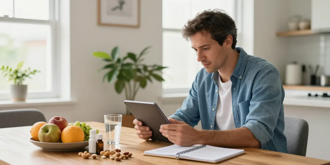 Man reviewing Levitra medication information while surrounded by healthy foods, emphasizing proactive health choices.