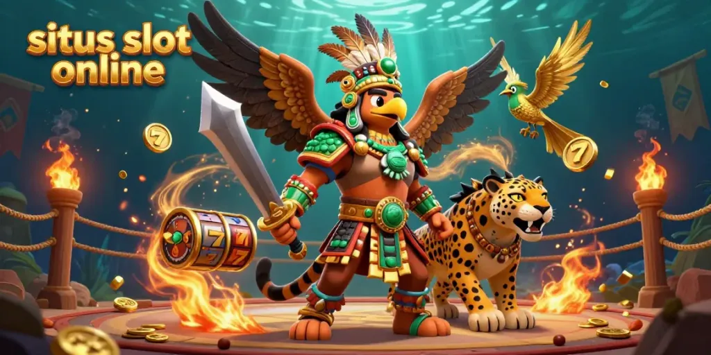 Mesin slot gacor situs slot online di tengah suasana pertarungan dengan karakter Aztec dan koin bertebaran.