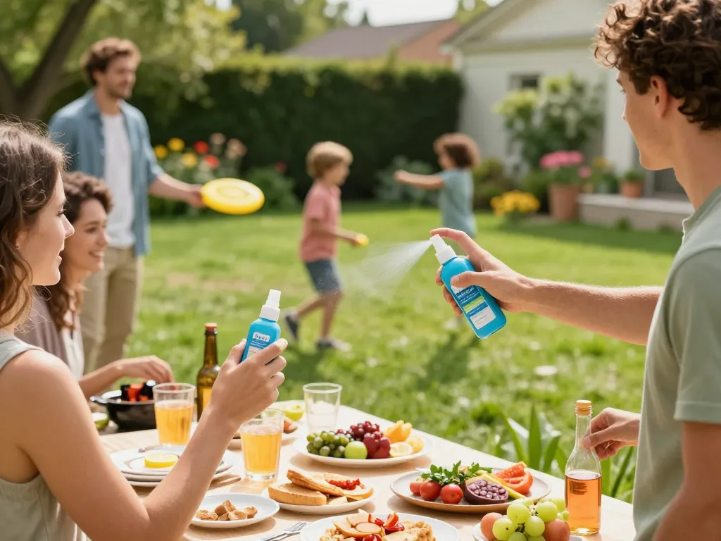 Group applying Best Mosquito Repellent during a lively outdoor barbecue with friends.