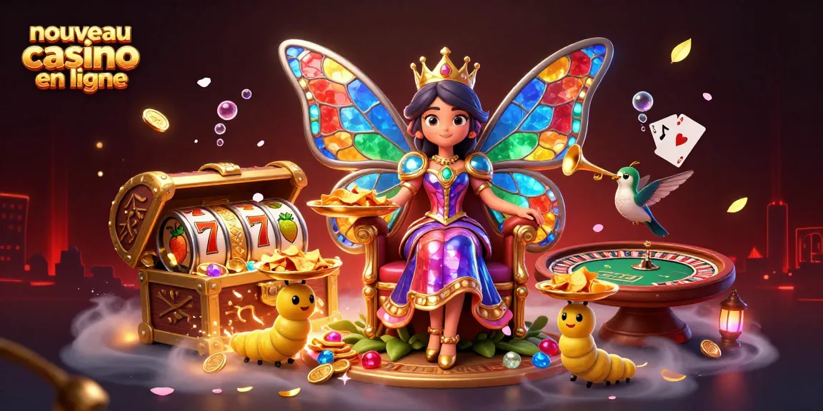 Illustration 3D de la reine papillon avec des éléments de nouveau casino en ligne, offrant une ambiance festive.