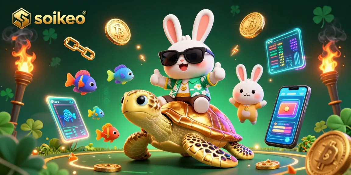 Engage with soikeo's thrilling sports betting scene featuring a cartoon rabbit and golden turtle.