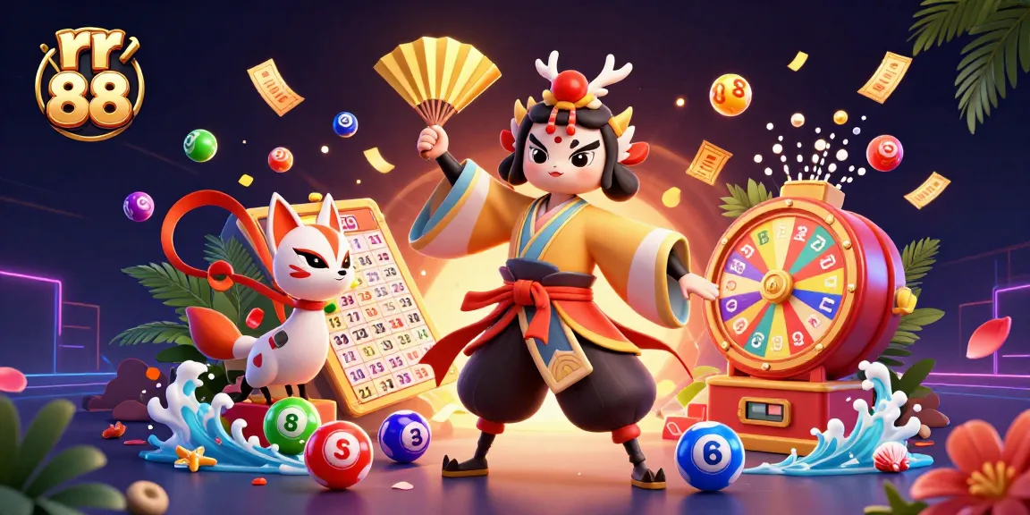 Engage with rr 88's vibrant casino scene featuring a kabuki warrior, kitsune mask, and dynamic lottery elements.