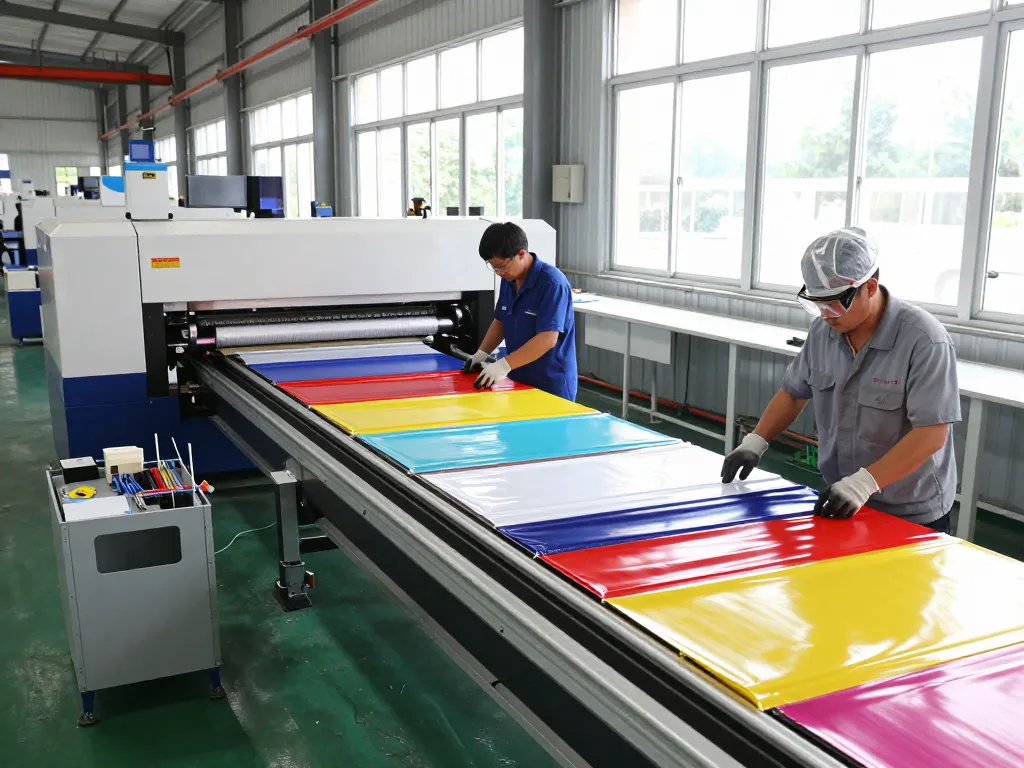 bóc ép plastic tại hà nội in an industrial manufacturing scene with skilled workers and advanced machinery.
