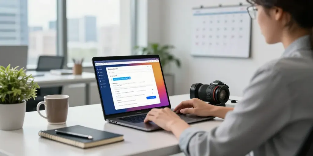 Generate sales emails with AI in a modern office workspace featuring a professional using an AI email generator.