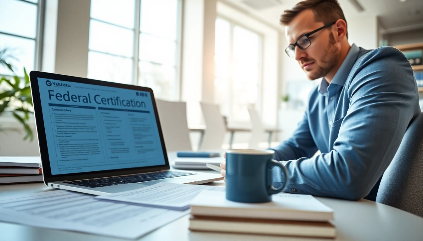 Professional consultant reviewing Registration and certification in Federal databases for federal contracts in office.