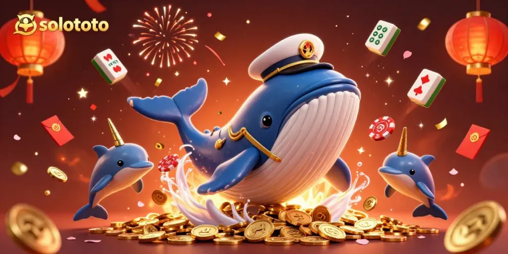 Grafik 3D solototo menampilkan paus raksasa dan ikan narwhal di lautan koin.
