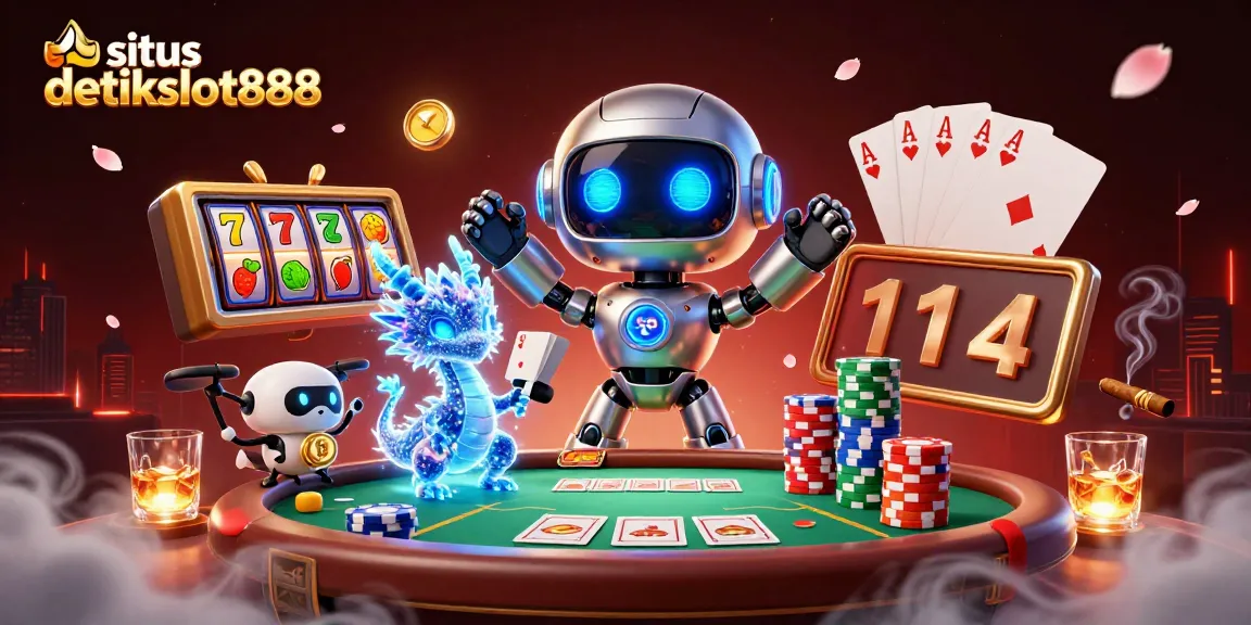 Situs detikslot888 menghadirkan ilustrasi atraktif robot dan naga holografik di dunia slot yang menegangkan.