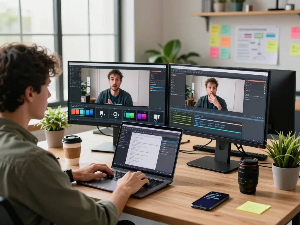 Video to prompt ai creator in a modern workspace analyzing footage for effective prompt generation.