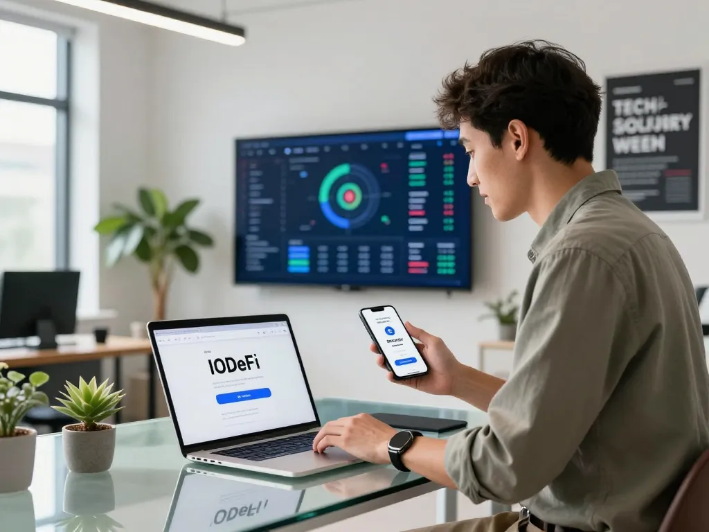 Excited professional at desk showcasing IODeFi sign up for cloud mining with referral bonuses.