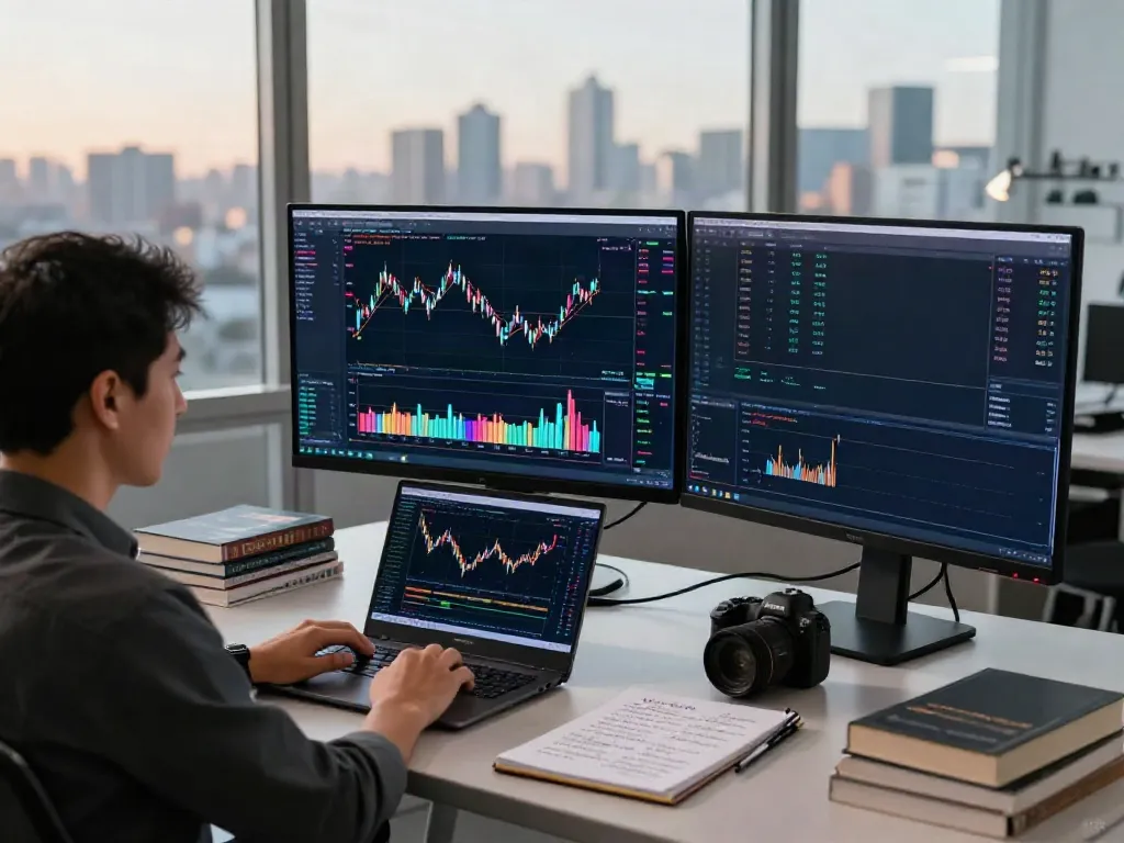 Trader using MetaTrader 5 at a dual-monitor workstation analyzing financial markets