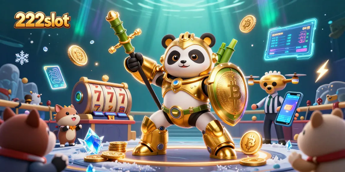 Rasakan sensasi bermain di 222slot dengan panda emas dan robot unik dalam suasana slot yang meriah.