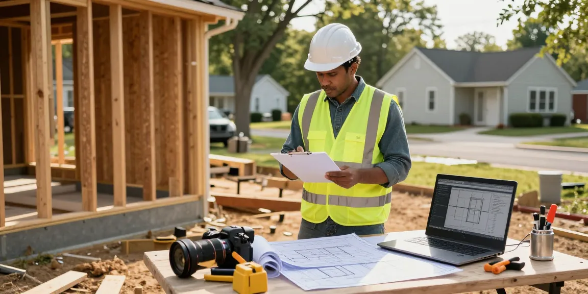 Structural integrity assessment missouri conducted by an engineer analyzing a residential building's foundation with blueprints and tools in a suburban setting.