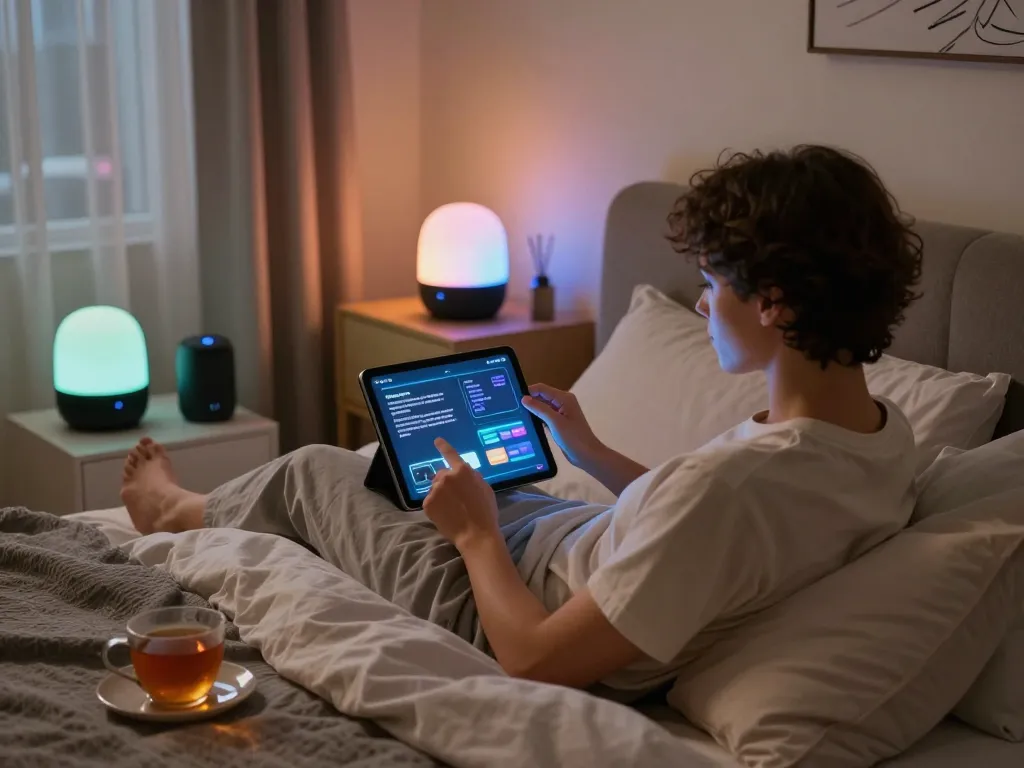 AI sex companion engaging in a cozy high-tech bedroom, showcasing interactive devices and intimate atmosphere.