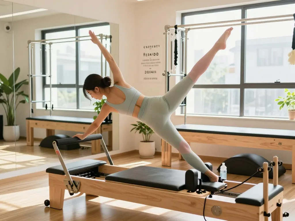 明るいスタジオで健康的なライフスタイルを促進しながらおすすめのピラティスの運動をしているフィットした女性。