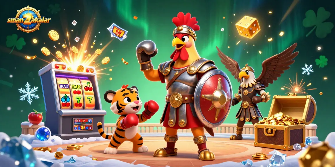 Tampilkan sman2takalar dalam ilustrasi 3D dengan ayam jantan dan simbol keberuntungan, menggambarkan suasana kasino yang meriah.