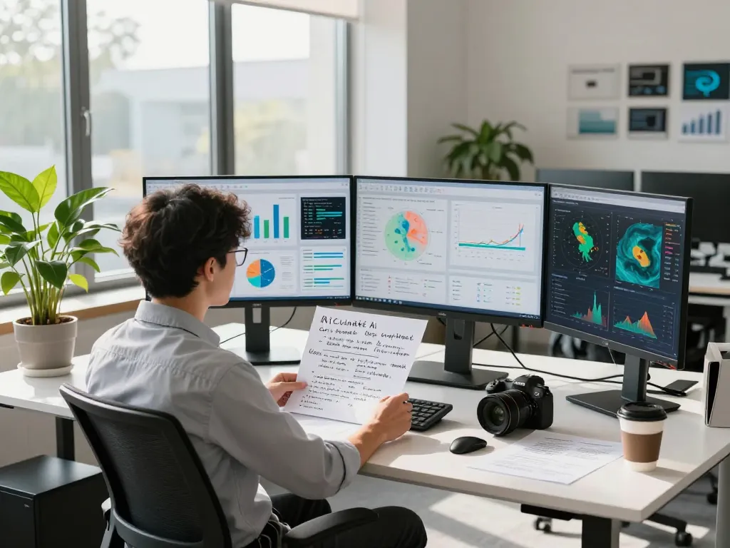 Data scientist analyzing AI Climate Claims Overhyped in modern workspace with graphs and research materials.