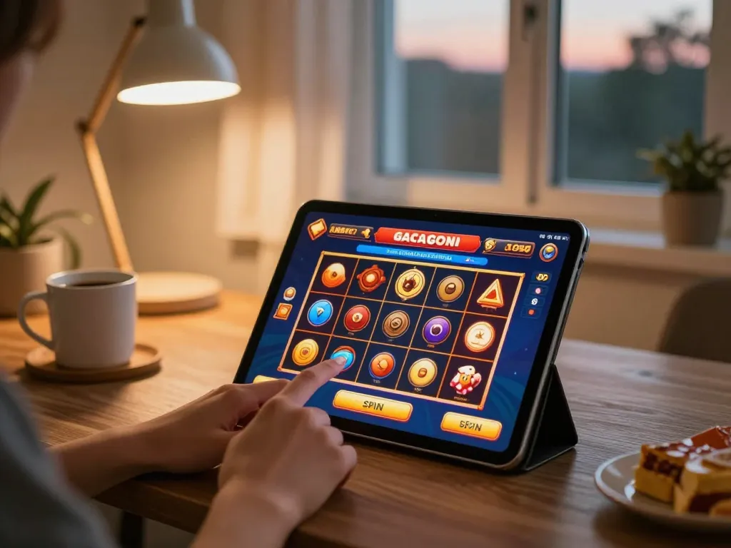 Excited player engaging with slot gacor on a tablet in a cozy home setting, showcasing vibrant online gaming.