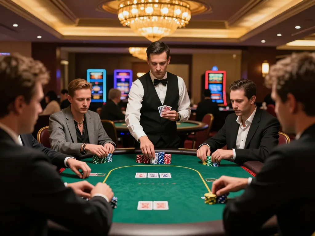 Poker Uang Asli Dominobet highlights an intense poker game at a luxurious casino table with dealers and players.